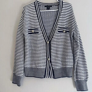 Tahari cotton vneck stripe cardigan preppy classic academia teacher classy